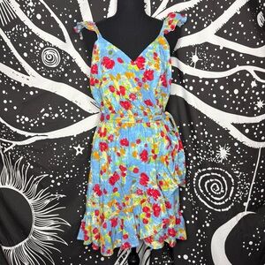 LC Lauren Conrad Sky Blue Floral Wrap Midi Dress with Red & Yellow Blooms